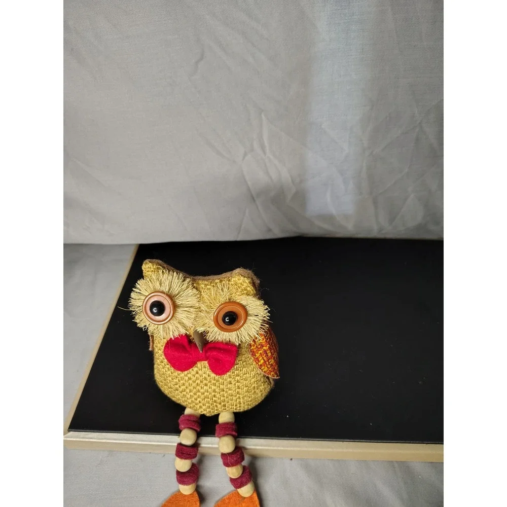 Rustic Burlap Owl Shelf Sitter Autumn Fall Decor Button Eyes Beaded Legs